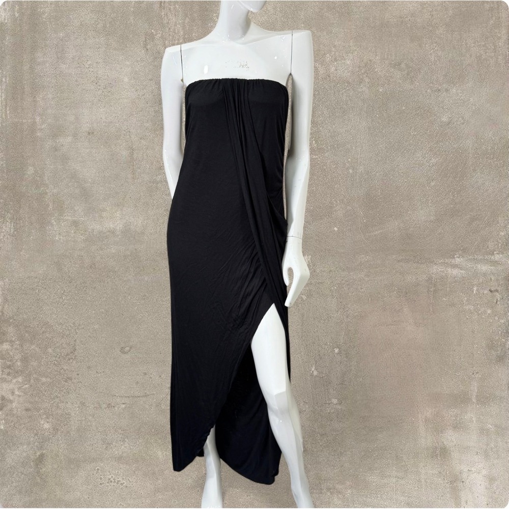 Avant Garde Black Strapless Draped Maxi Dress Asymmetrical Slit Made in USA XXL